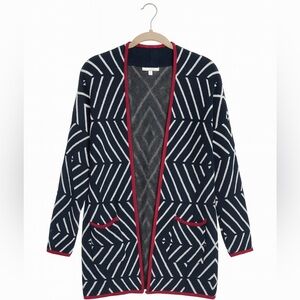 Foxcroft Women's Medium Long Black/White Open Cardigan With Red Accents.